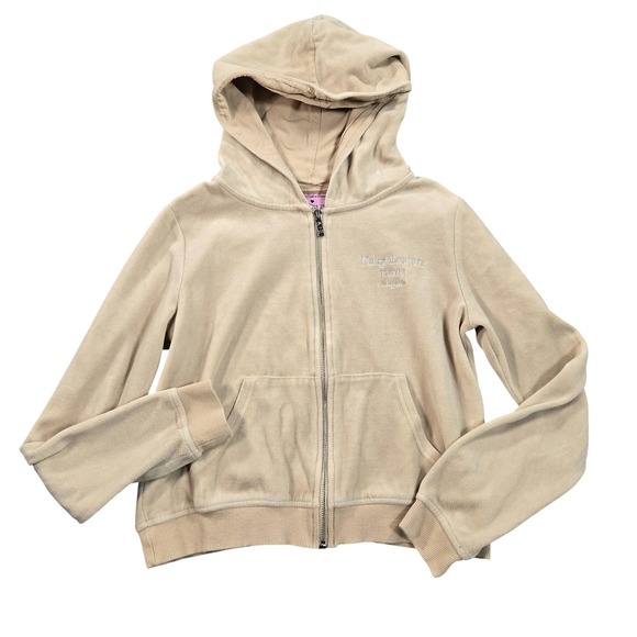 Juicy Couture Tops - Juicy Couture Forever 21 Hoodie Womens Medium Beige Velour Zip Up Rhinestone
